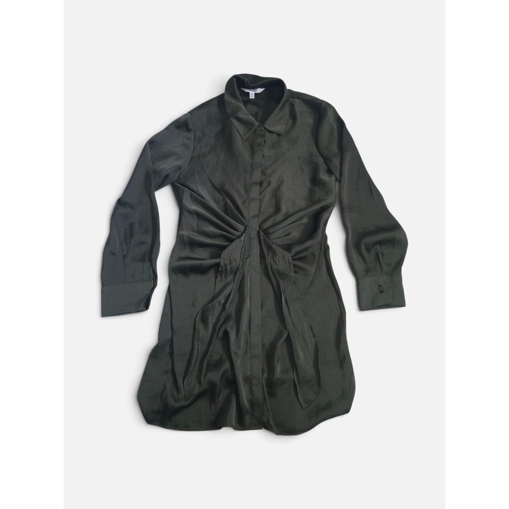 BB Dakota Women's Olive Green Shirt Dress Ruched Tie Front Satin Minimalist